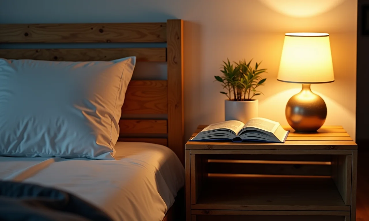 Mesa de cabeceira feita de caixote no quarto, com abajur e livro em um ambiente aconchegante.