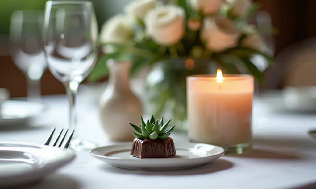 Mesa para casamento: Lembrancinha (Centro) Mesa de casamento decorada com lembrancinhas variadas: suculenta, chocolate artesanal e vela aromática.