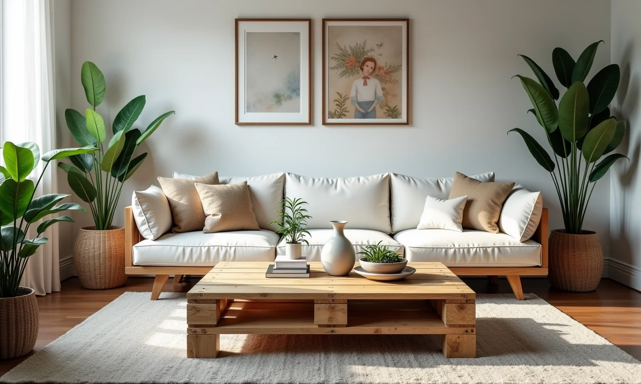 Mesa de centro de pallet charmosa em uma sala de estar iluminada com arte e plantas brasileiras.