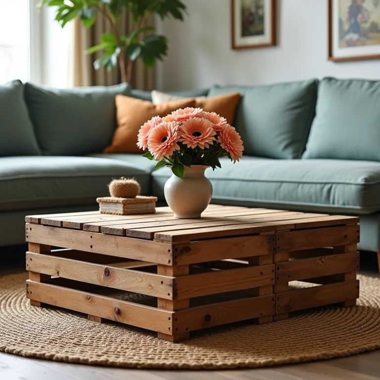 Mesa de centro rústica feita de caixotes de madeira com flores