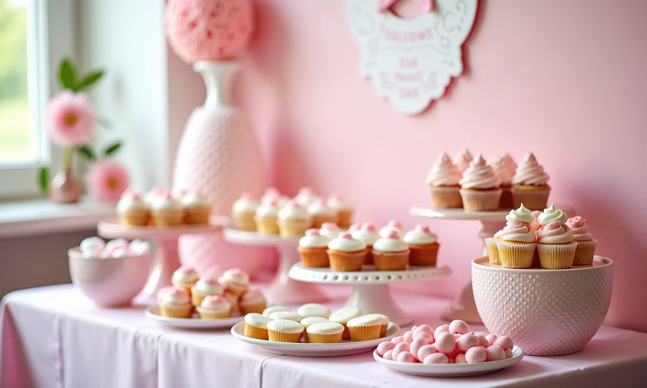 Mesa de doces decorada para chá de bebê.
