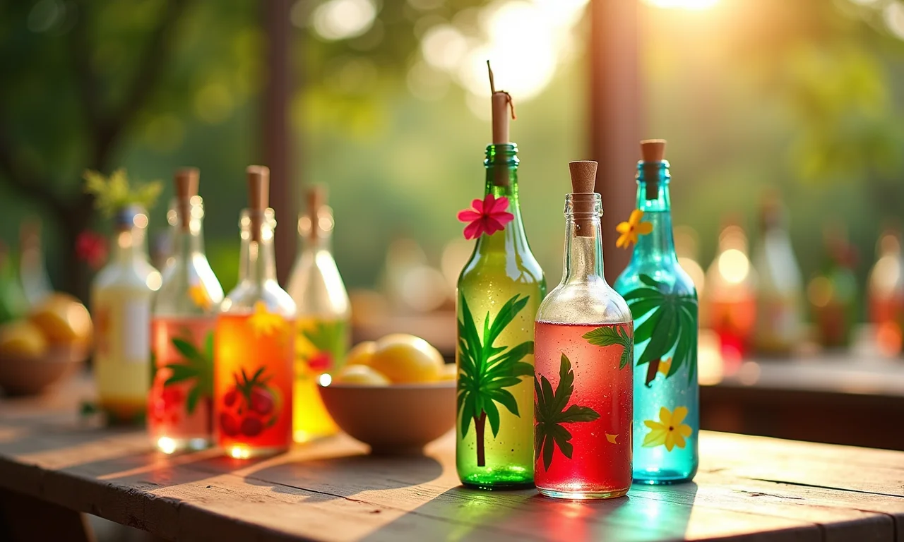 Mesa de festa temática com garrafas de vidro decoradas para festa tropical brasileira.