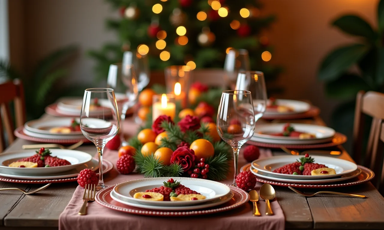 Mesa de Natal artesanal com detalhes personalizados e decorações coloridas.