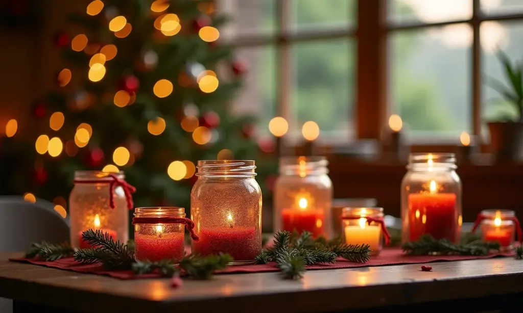 Natal com copo de requeijão: Lembrancinha Mesa de Natal decorada com presentes artesanais feitos com potes de vidro reutilizados.