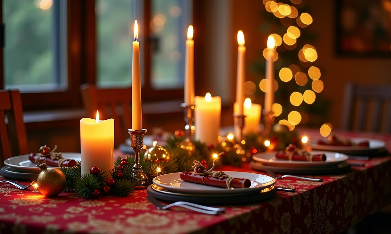 Mesa de Natal decorada com velas artesanais e detalhes feitos à mão.