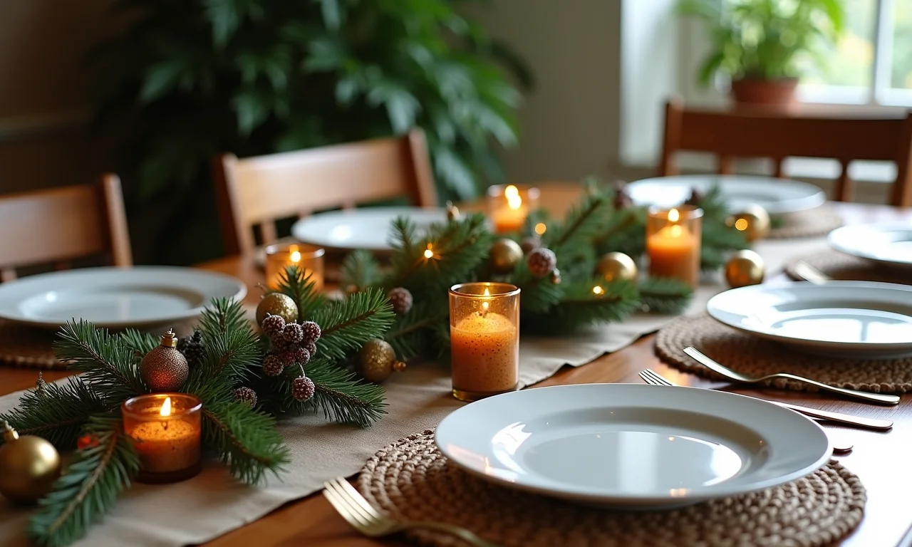 Mesa de Natal decorada de forma sustentável com materiais reciclados.