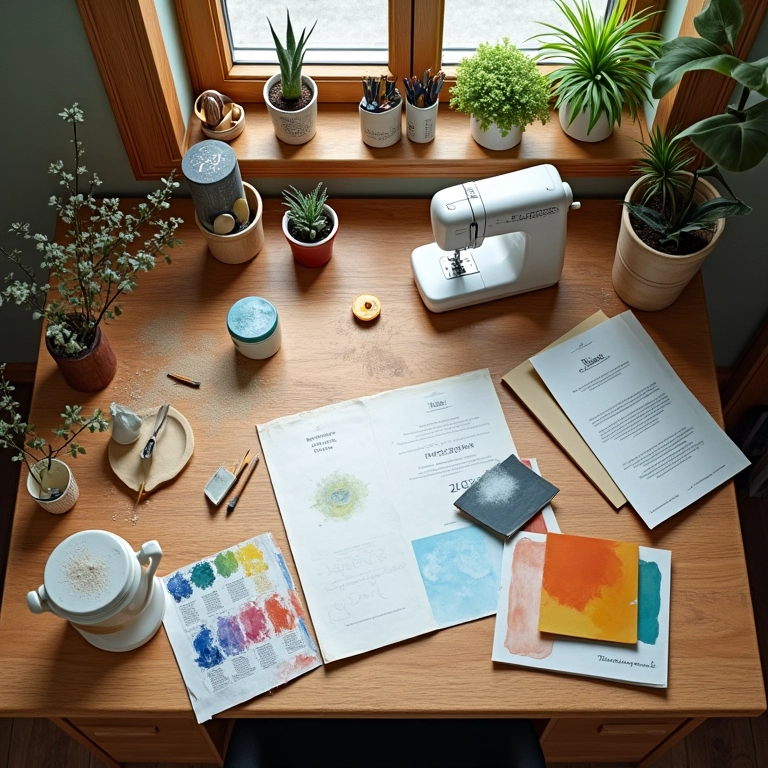 Mesa de trabalho com ferramentas e materiais para decoração reciclada.