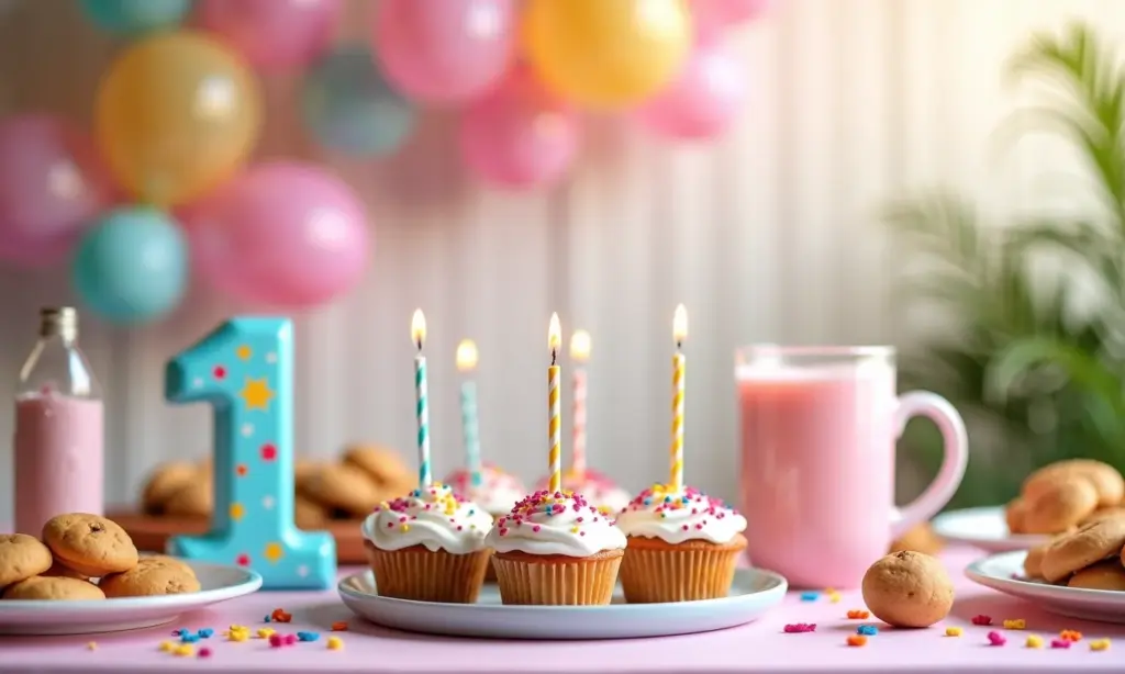 Mesa decorada com lembrancinhas de aniversário de 1 ano.