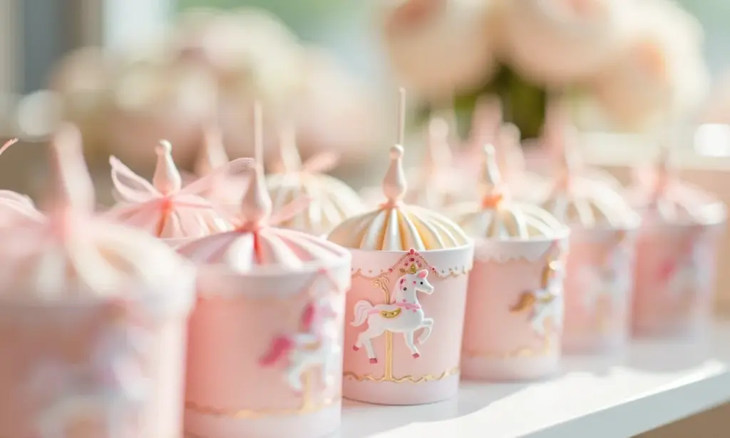 Mesa decorada com lembrancinhas de carrossel, cores pastel e detalhes encantadores.