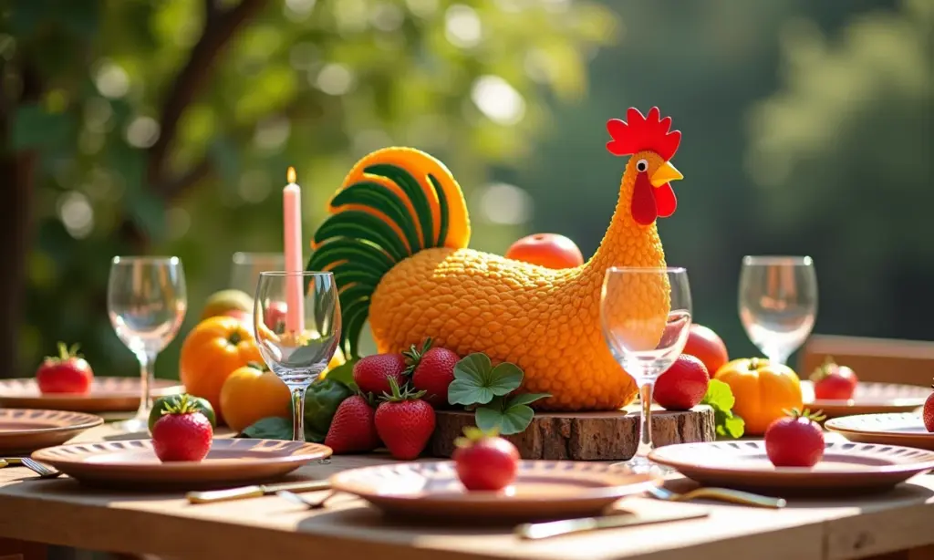 Mesa decorada com tema Galinha Pintadinha feita de EVA, lembrancinha.