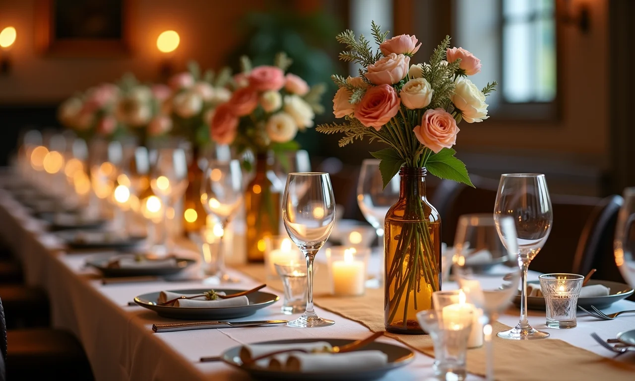 Mesa elegante com garrafas de vidro usadas como centros de mesa, adornadas com flores e velas.