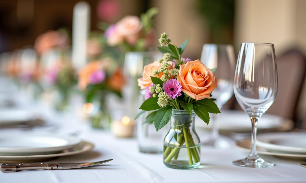 Mini arranjos de flores individuais em pequenos vasos de vidro para cada convidado.