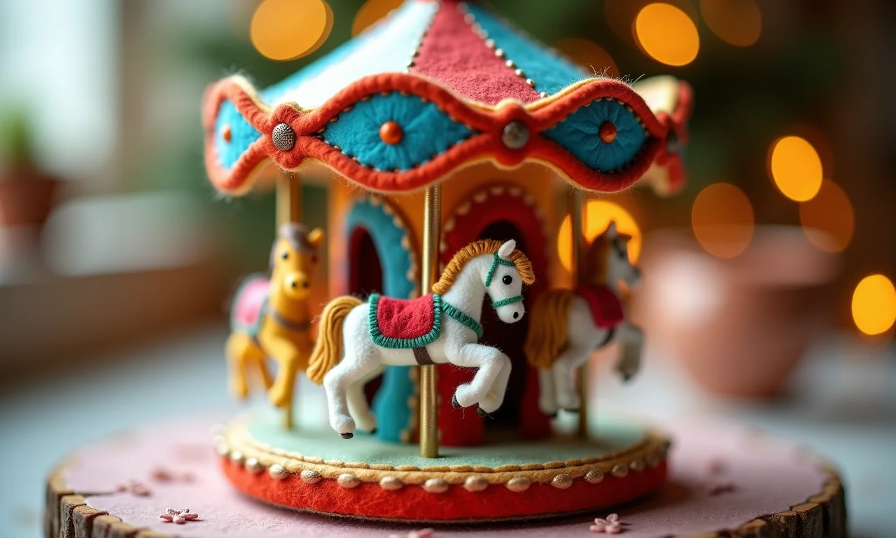 Mini carrossel de feltro personalizado, costura detalhada e cores vibrantes.