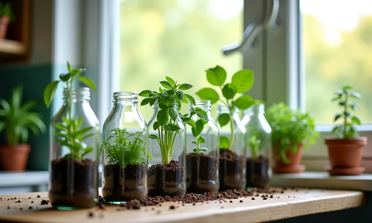 Mini hortas em garrafas, cultivadas em garrafas de vidro recicladas, exibidas em um parapeito de janela da cozinha.
