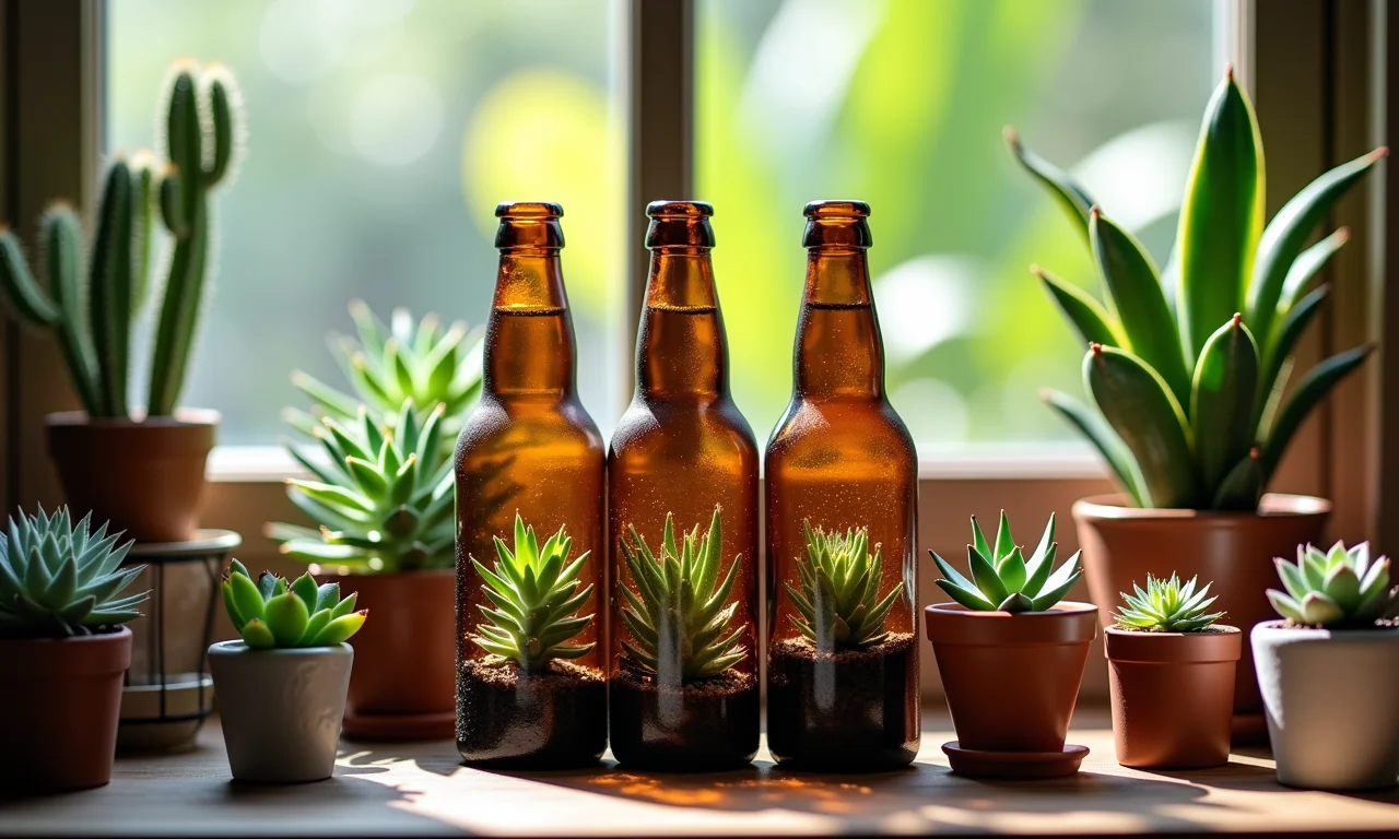 Mini jardim em garrafas de cerveja.