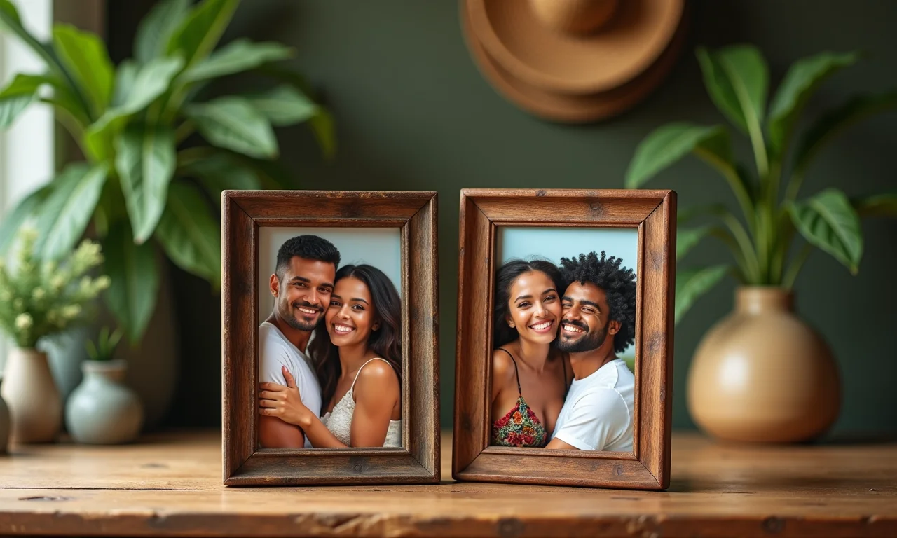 Mini porta-retratos de EVA exibindo fotos de casais brasileiros diversos.