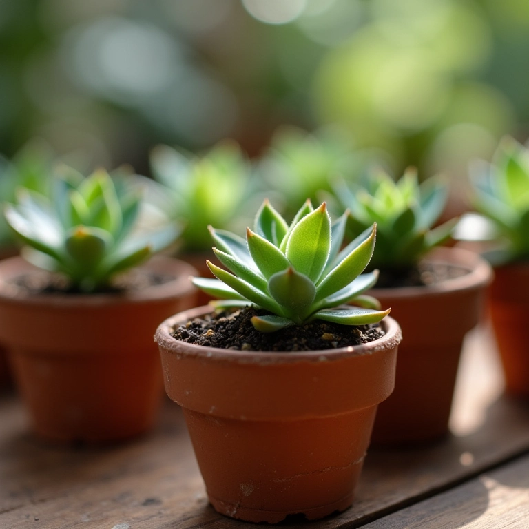 Mini suculentas como lembrancinhas de casamento em vasinhos rústicos.