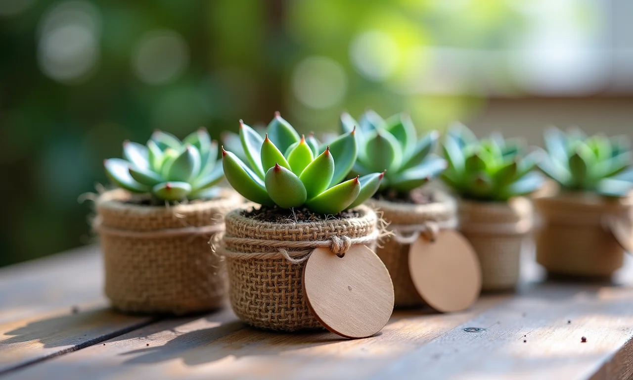 Mini suculentas como lembrancinhas de casamento, embrulhadas em juta.