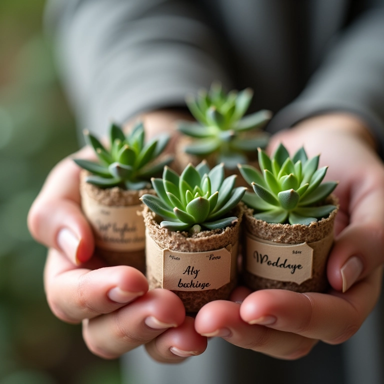 Mini suculentas personalizadas como lembrancinhas de casamento.