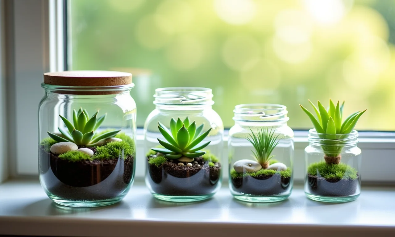 Mini terrários em potes de vidro com plantas verdes e pedras decorativas.