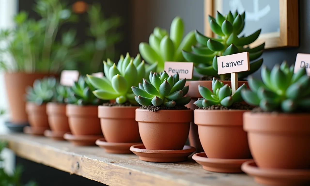 Mini vasinhos com suculentas e etiquetas personalizadas em prateleira.