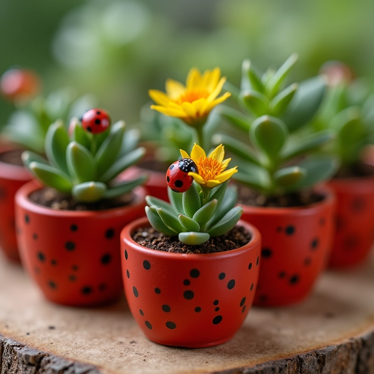 Mini vasinhos de flores como lembrancinhas de joaninha.