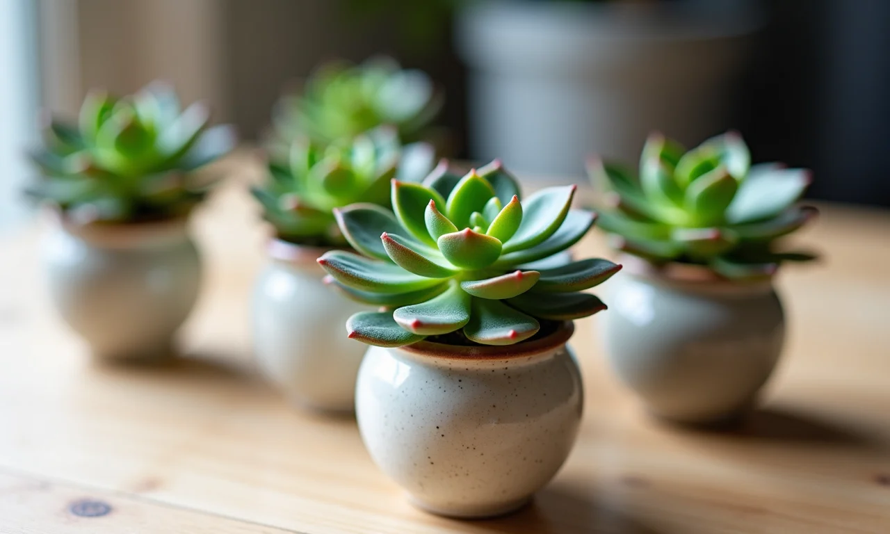 Mini vasinhos de suculentas, toque de verde na decoração da mesa.