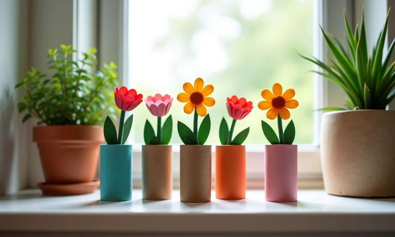 Mini vasinhos decorativos feitos de rolo de papel higiênico.