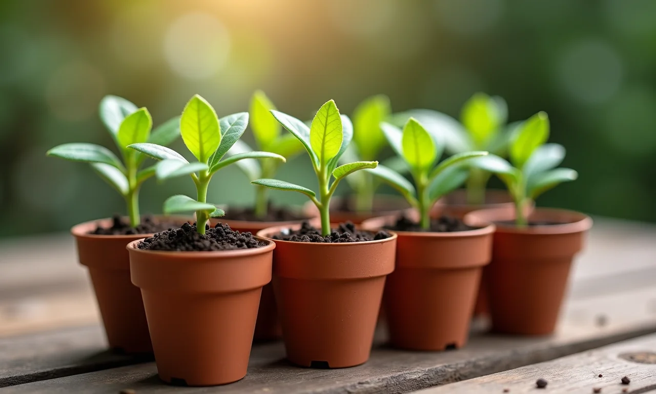 Mini vasos de plantas com sementes.