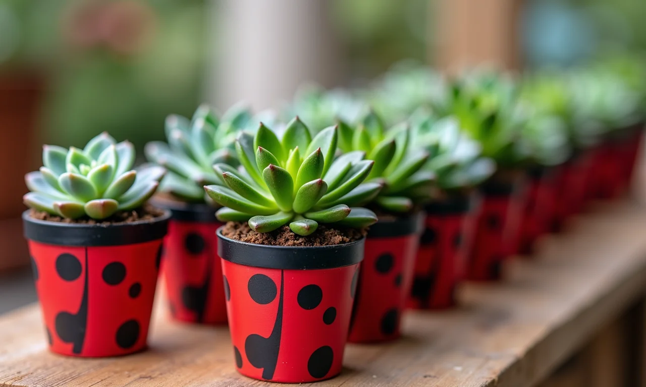 Mini vasos de suculentas como lembrancinhas da Ladybug.