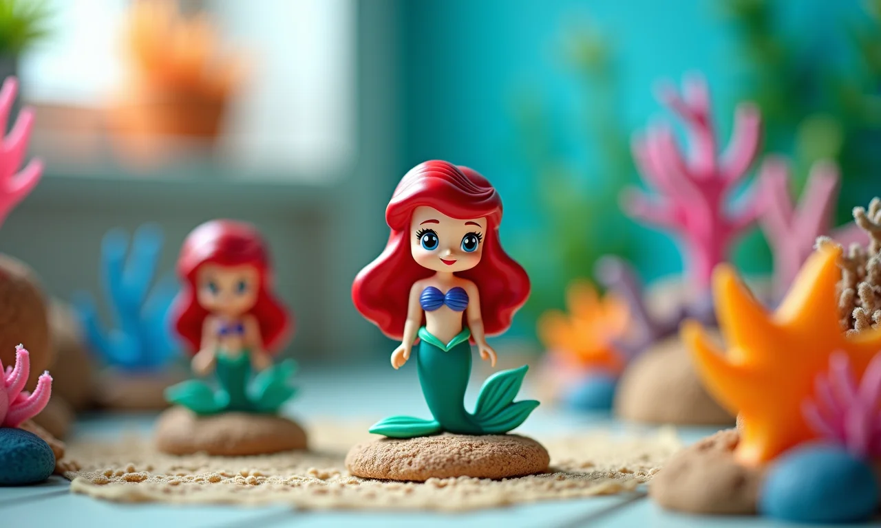 Miniaturas da Ariel em exibição com cores vibrantes e decorações oceânicas.