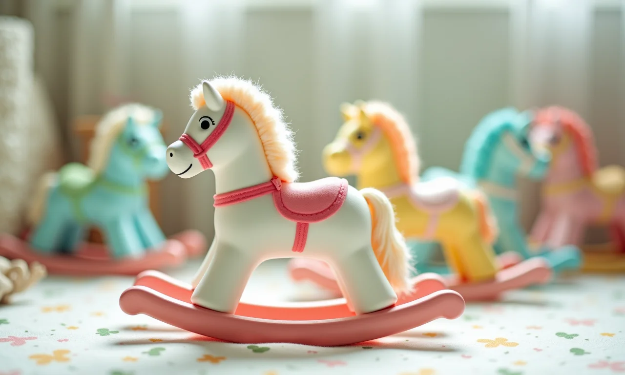 Miniaturas de cavalinhos de balanço em cores pastel, estilo vintage e charmoso.