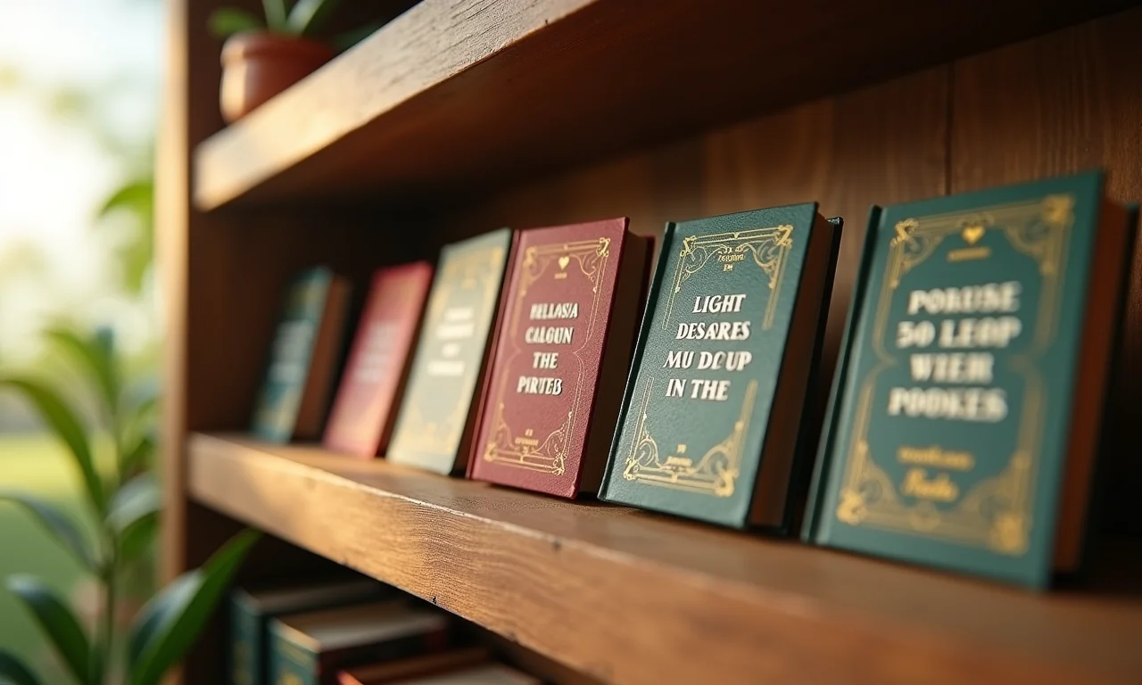 Miniaturas de livros com mensagens especiais em prateleira.