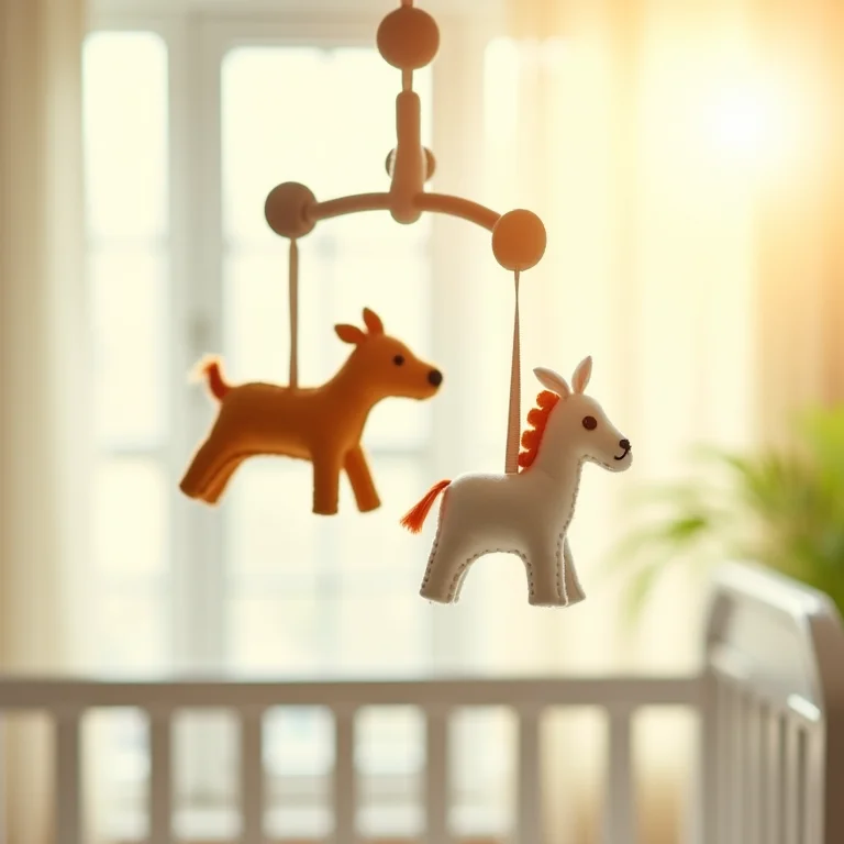 Móbile de feltro artesanal para decoração de chá de bebê.