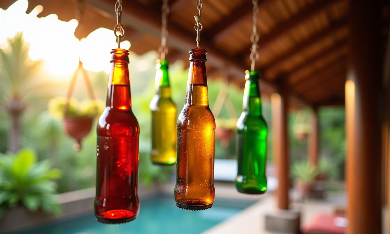 Móbiles coloridos e divertidos feitos com garrafas de cerveja.