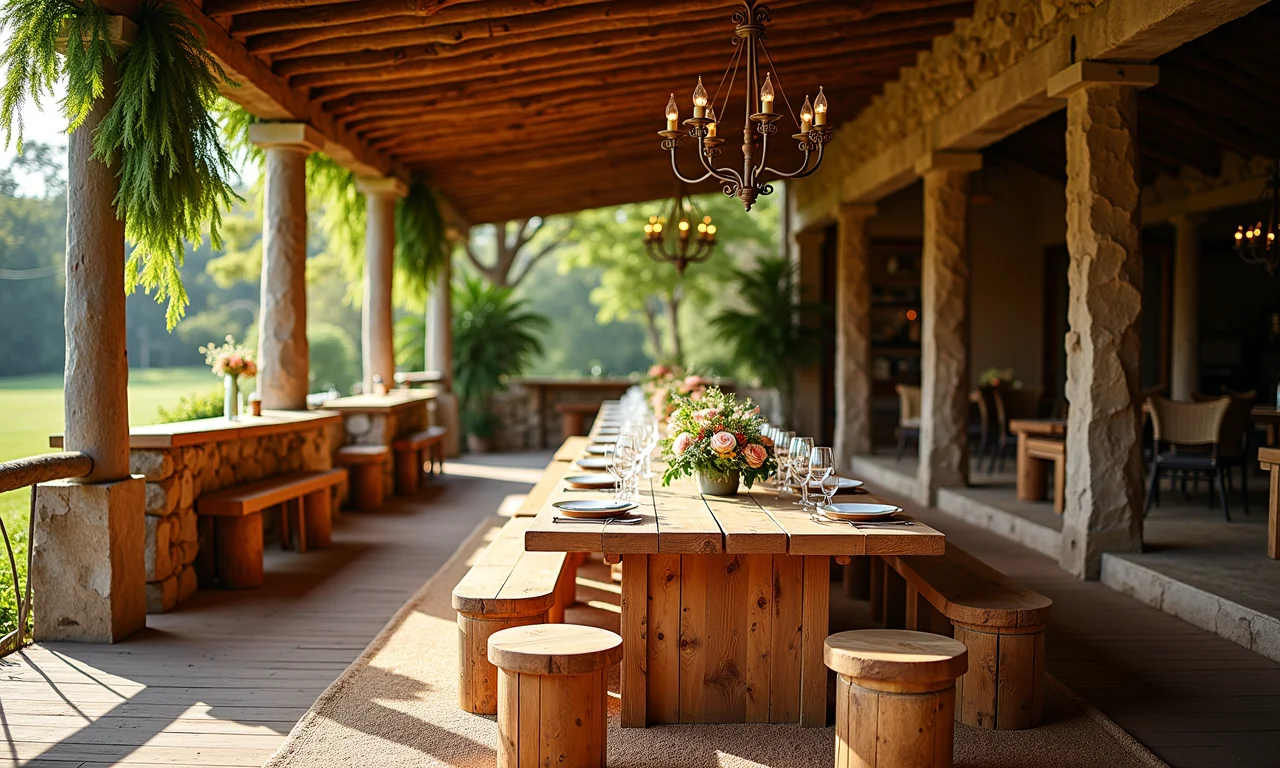Mobiliário de madeira rústica em casamento ao ar livre, com detalhes artesanais brasileiros.