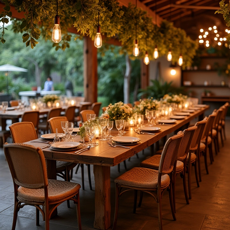 Mobiliário rústico e aconchegante para recepção de casamento.