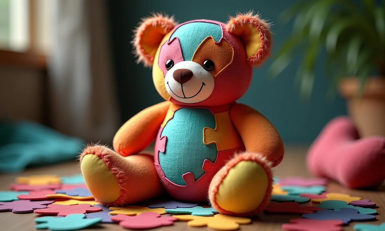 Molde de urso em patchwork, cores e texturas vibrantes.