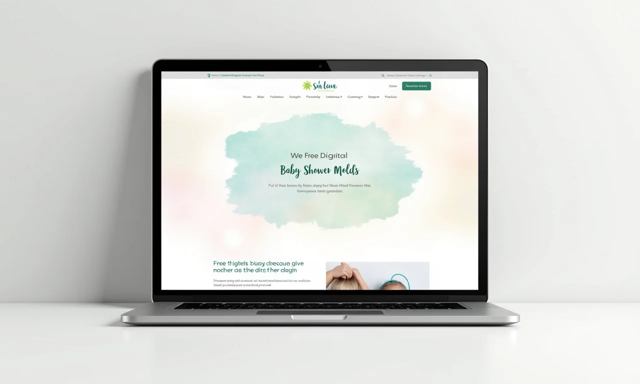 Moldes digitais gratuitos para chá de bebê exibidos em um laptop.