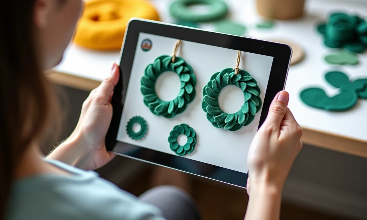 Moldes grátis para guirlanda de feltro em um tablet.