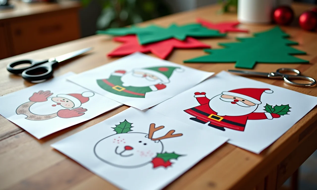 Moldes para artesanato de Natal, tesoura, feltro e materiais de DIY em uma mesa.