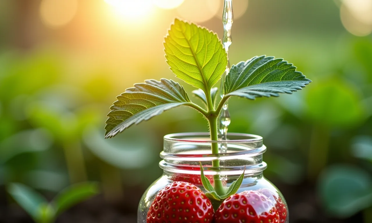 Morangos sadios em garrafa PET, recebendo água e luz solar.