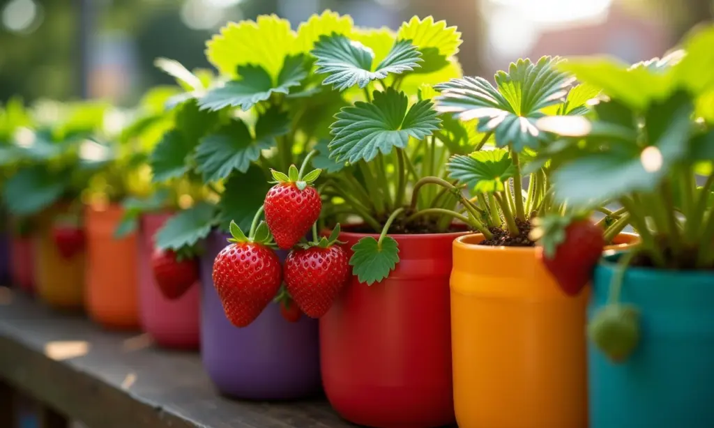 Plantação de morango em garrafa pet: como fazer Morangos vibrantes crescendo em garrafas PET coloridas.