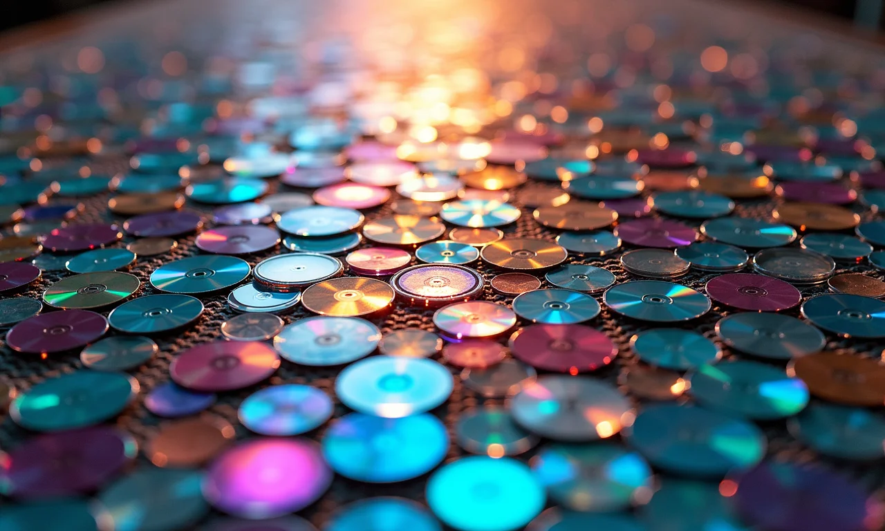 Mosaico brilhante feito de CDs e DVDs reciclados.