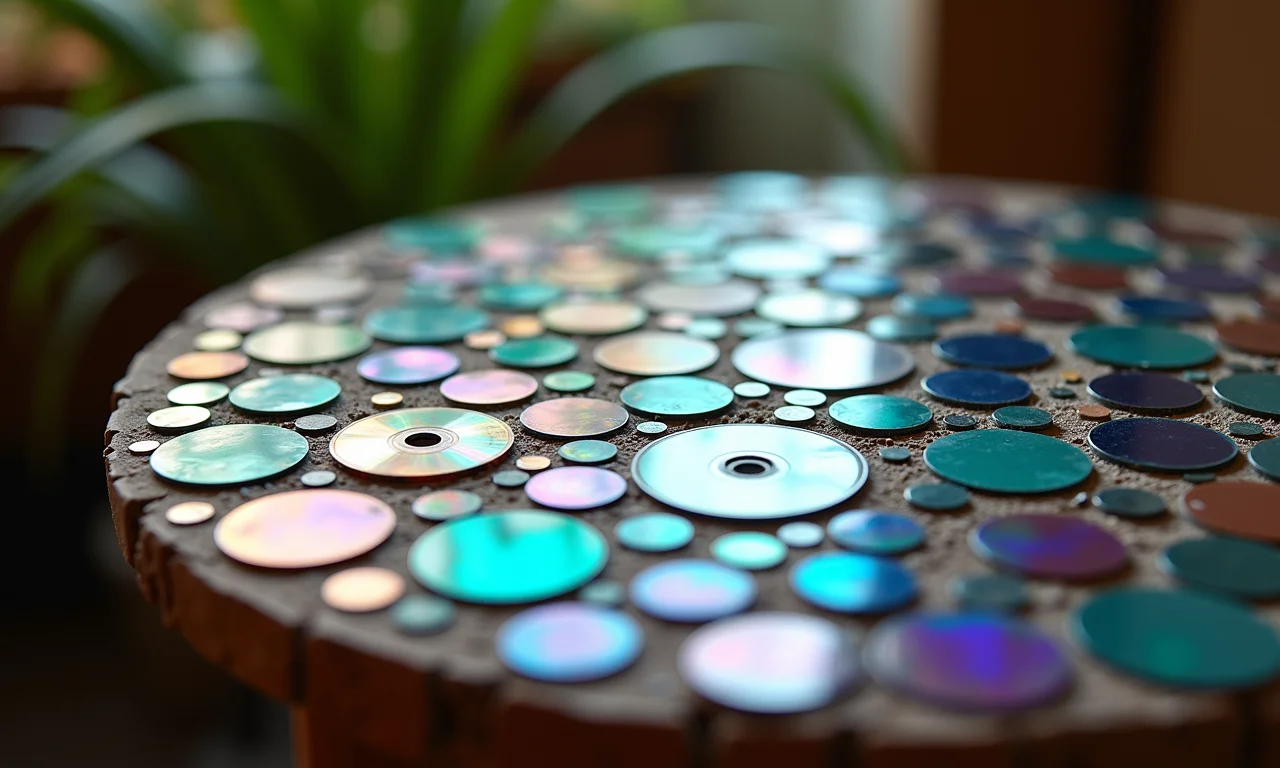 Mosaico brilhante feito de pedaços de CDs em mesa.
