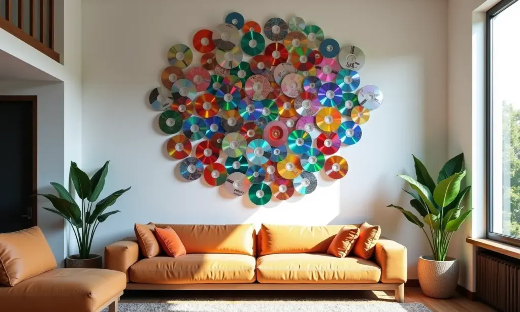 Mosaico de parede feito com CDs reciclados em casa moderna brasileira.