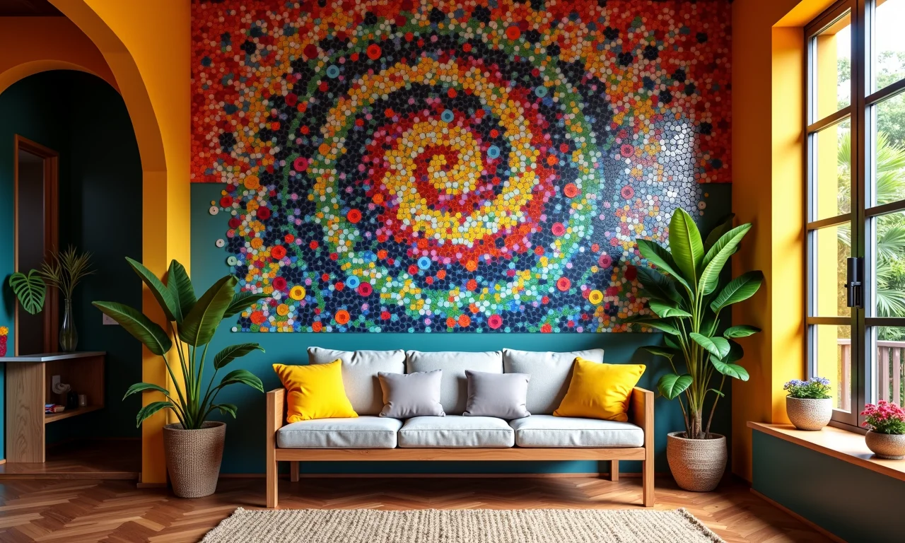 Mosaico decorativo feito com CDs reciclados em parede.