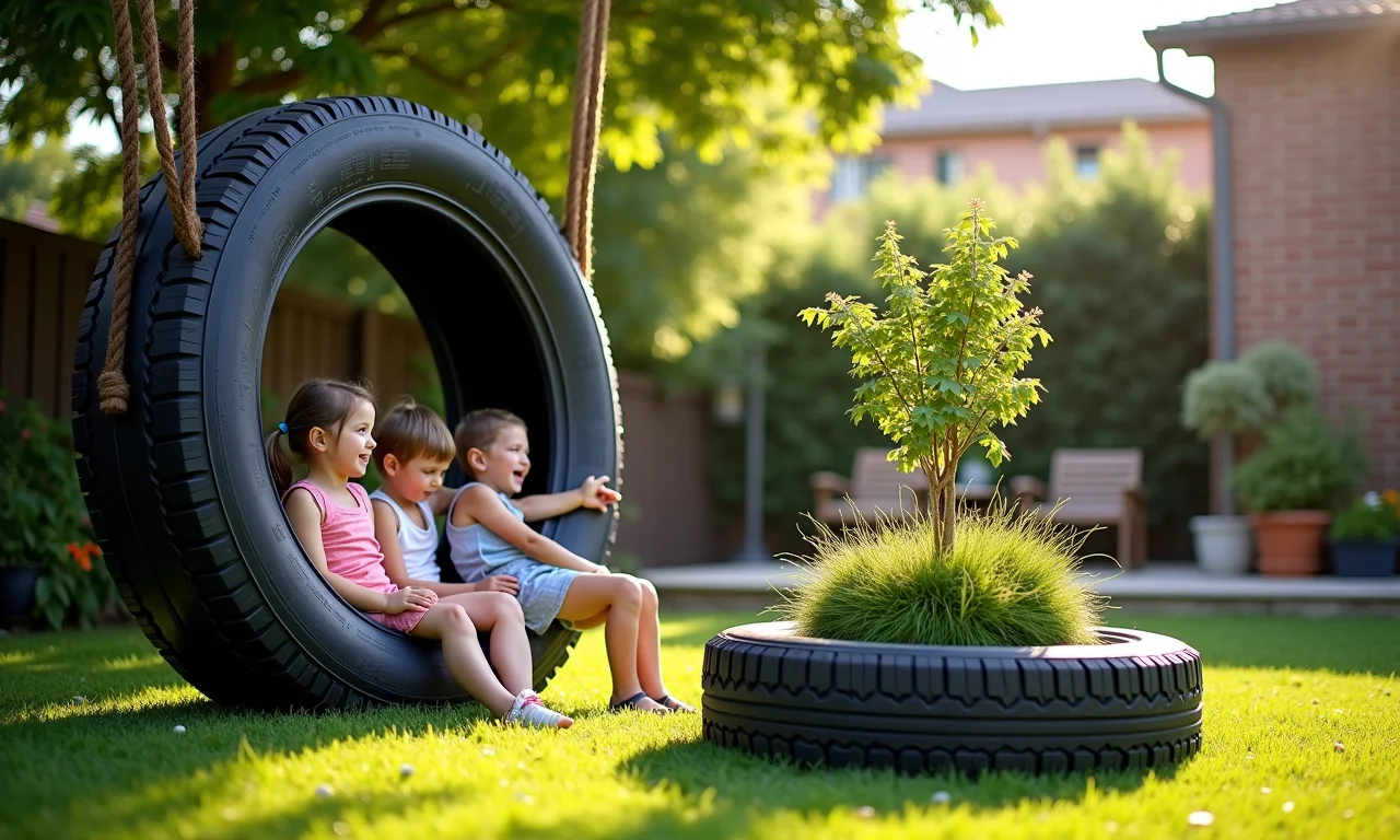 Móveis criativos feitos de pneus velhos em um jardim.