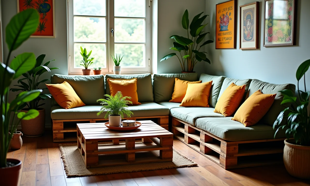 Móveis de pallet em sala com estilo brasileiro e sustentável.