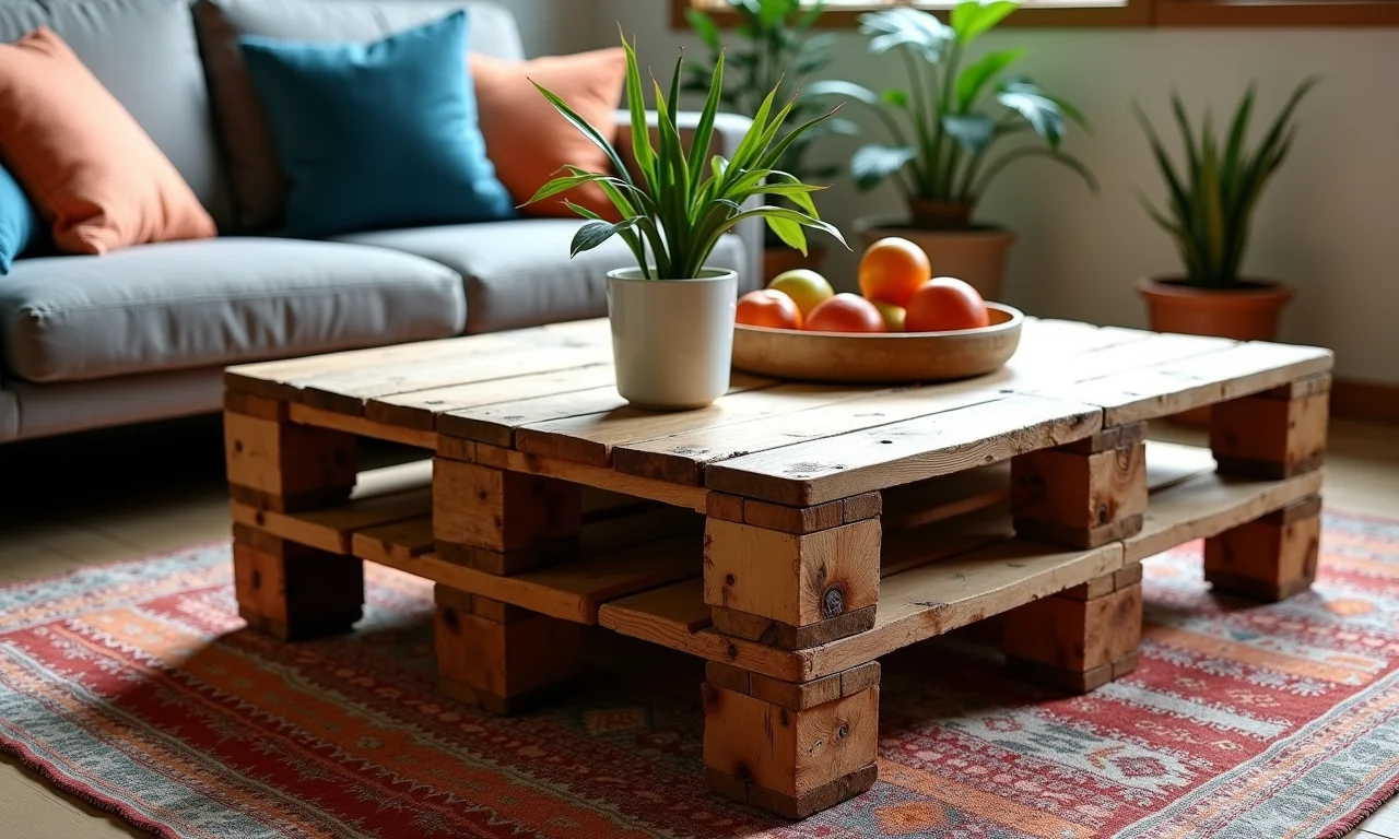 Móvel sustentável feito com paletes reciclados em uma sala de estar.